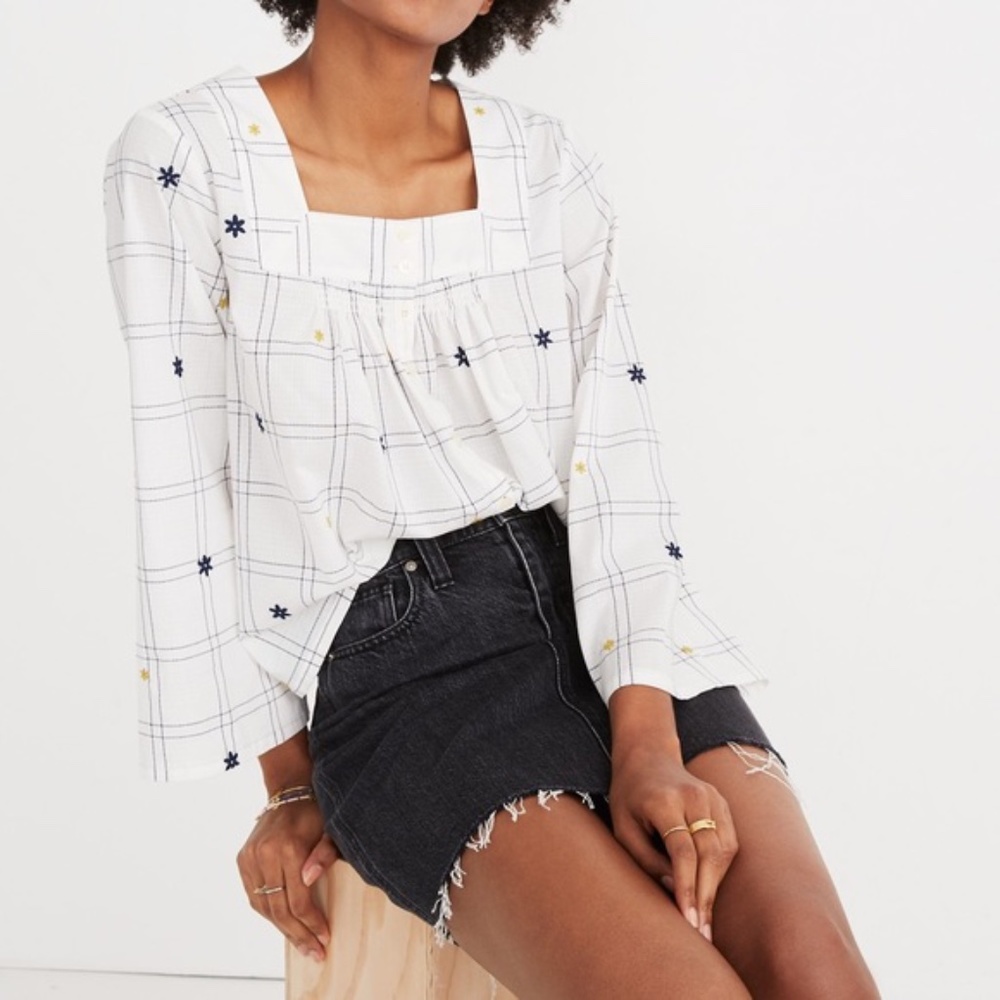 Madewell Embroidered Windowpane Square-Neck Top